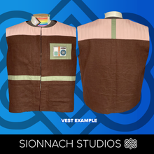 Load image into Gallery viewer, Brown vest with a patch on a blue abstract background, featuring Sionnach Studios logo.