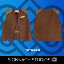 Load image into Gallery viewer, Brown vest shown from front and back on a blue abstract background with 'Sionnach Studios' branding.