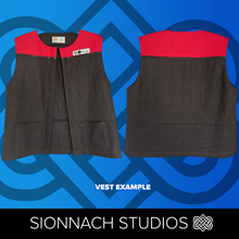 Load image into Gallery viewer, Black vest with red collar on a blue abstract background, featuring Sionnach Studios logo.
