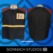 Load image into Gallery viewer, Black vest with colorful patch on a blue background, featuring Sionnach Studios logo.
