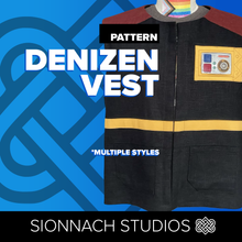 Load image into Gallery viewer, Black vest with colorful patch on a blue background, featuring &#39;Denizen Vest&#39; text and Sionnach Studios logo.
